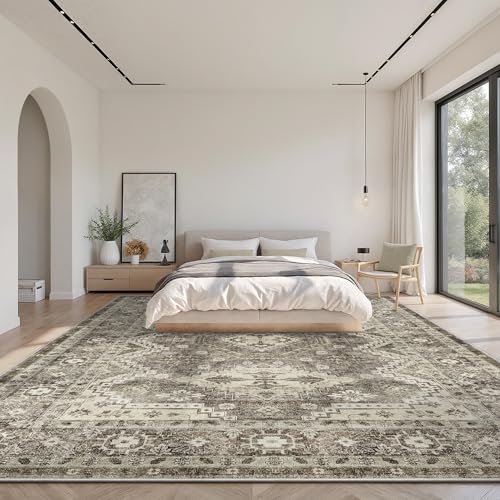 Rugland Area Rug - Stain Resistant Washable Rug, Anti Slip Backing Rugs for Living Room, Vintage Tribal Area Rugs (TPR07-Ivory, 9'x12')