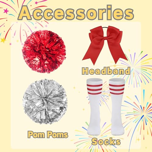 Girls Cheerleader Costume 5 PCS Shiny Star Style Kids Cheerleader Outfit with Pull Ring Pom Poms, Top, Skirt - Image 4