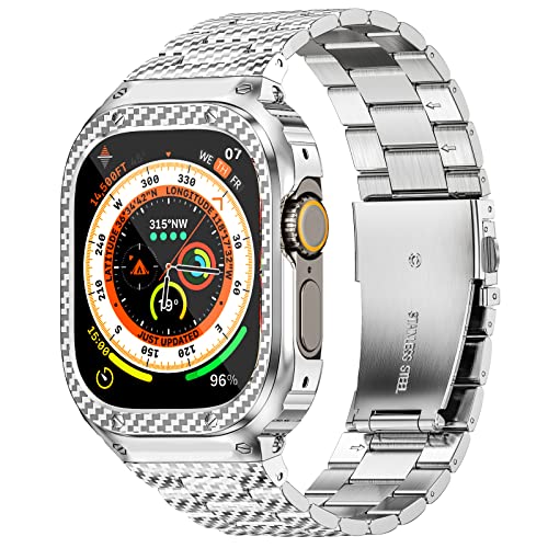 Image of MioHHR Stainless Steel Band and Case Compatible with Apple Watch Band 49mm | Men Metal Protective Bumper Cover with Straps for iWatch 49mm Series Ultra 3, Ultra 2, Ultra, Silver Pattern