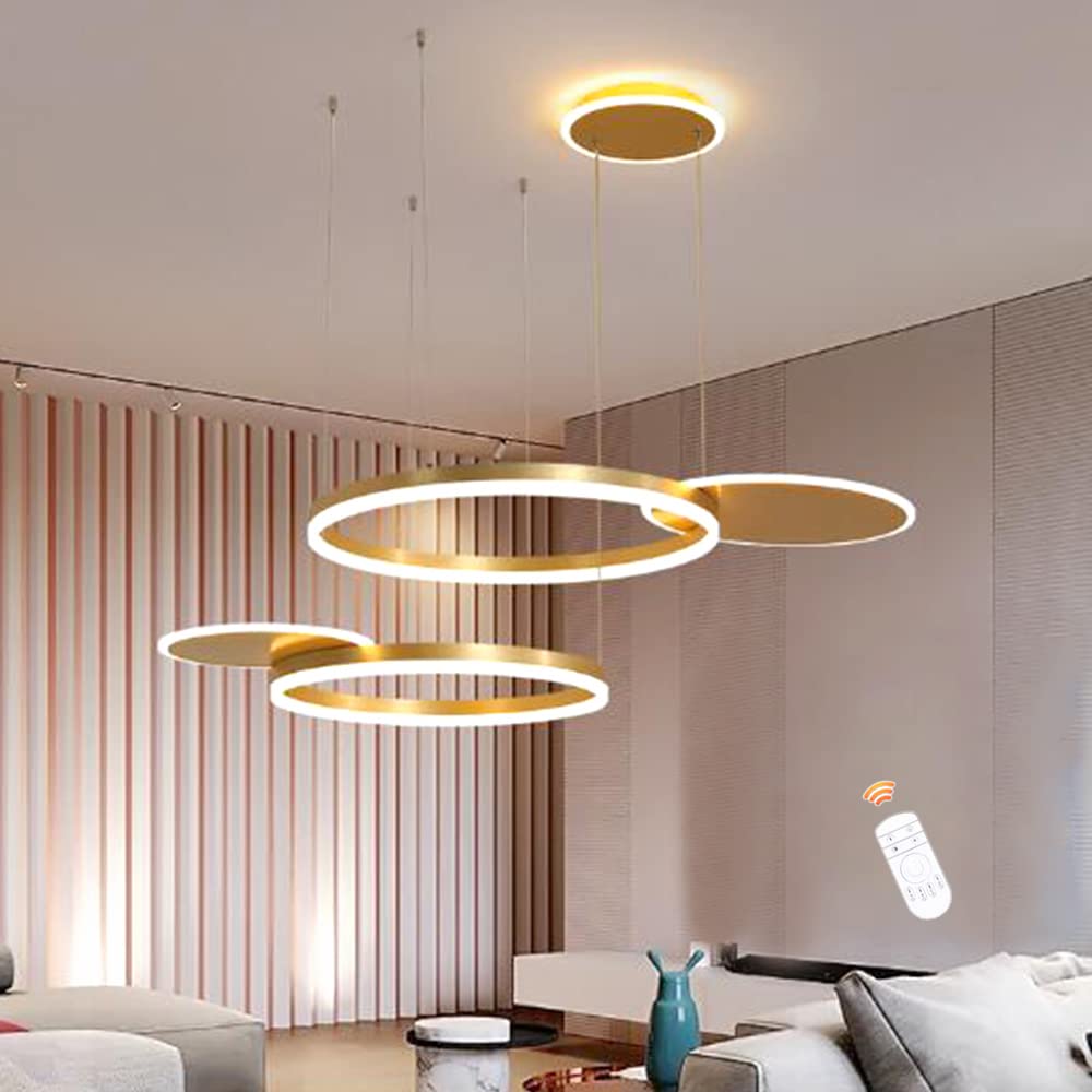 FUMIMID Pendant Light Living Room Lamp Circular Modern LED Hanging Light Dimmable with Remote Control Acrylic Round Chandelier Dining Room Bedroom Stair Pendant Ceiling Lamp,Gold,80cm