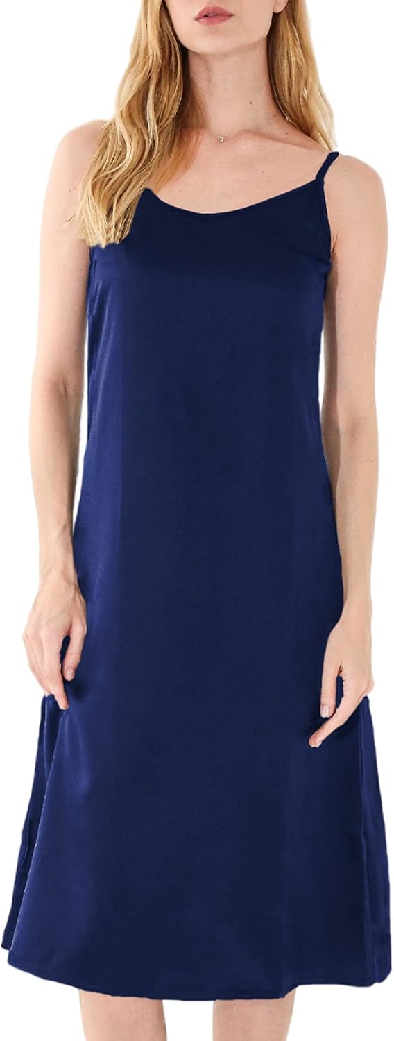 Xintianji Women's Basic Satin Silky Full Slip Midi Loose Dress with V-Neck Sexy Cami Adjustable Spaghetti Strap Lounge Wear Nightgown Dresses Fit Party Wedding Night Date Daily Dark Blue Large