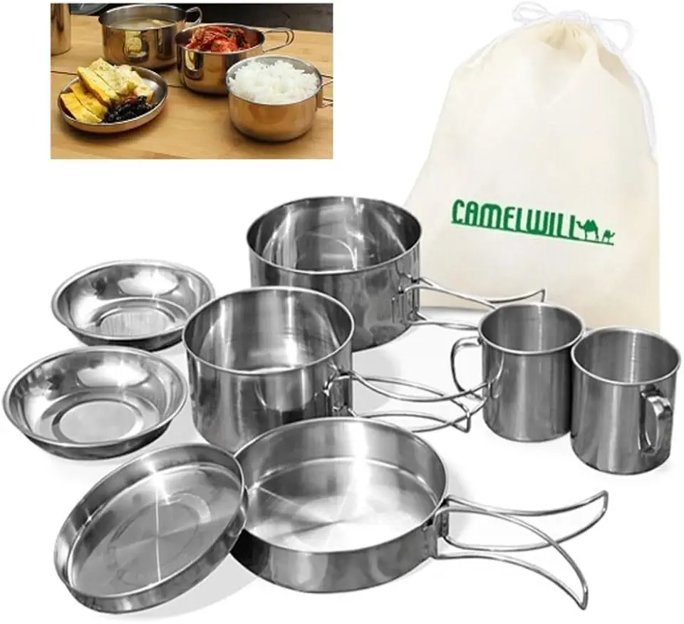 Conjunto Panela Inox 8 Peças Acampamento Pesca Camping Bolsa