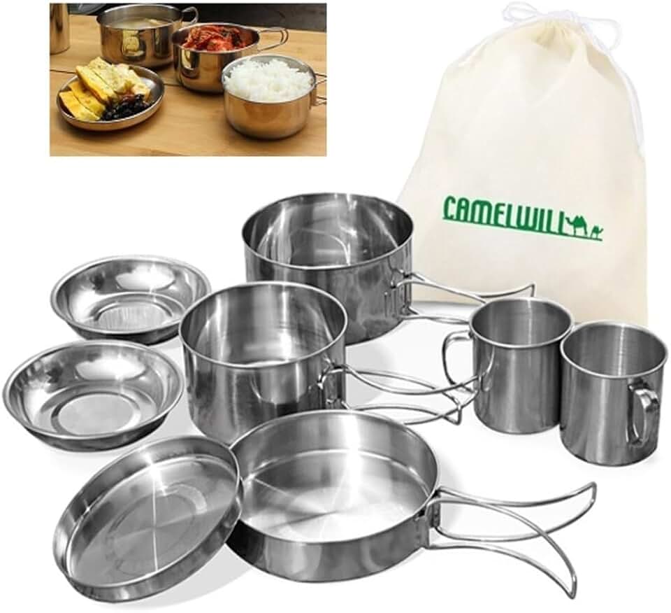 Conjunto Panela Inox 8 Peças Acampamento Pesca Camping Bolsa