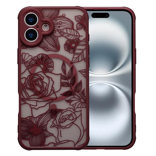 XIZYO Magnetic Case for iPhone 16 6.1 Inch Compatible with MagSafe, Frosted Translucent Rose Floral Flower Pattern Shockproof Cover, Soft TPU Bumper Protective Phone Case, Wine Red
