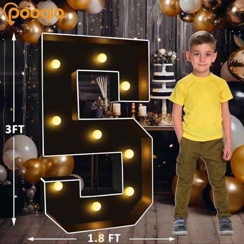 Image of Pooqla 3FT Marquee Light Up Numbers 5 for 5th 50th Birthday Decorations | Black LED Marquee Numbers Party Backdrop, 3 Feet Large Mosaic Numbers 5th 25th 50th Anniversary Birthday Gift for Boys Men