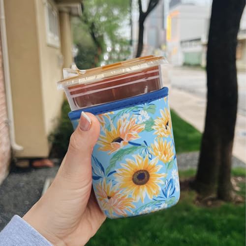 Image of Reusable 3-Pack Iced Coffee Cup Sleeve, Insulated Neoprene, Beverage Holder for Iced Coffee, Durable Drink Sleeve for Cold Beverages, Sunflower Smile