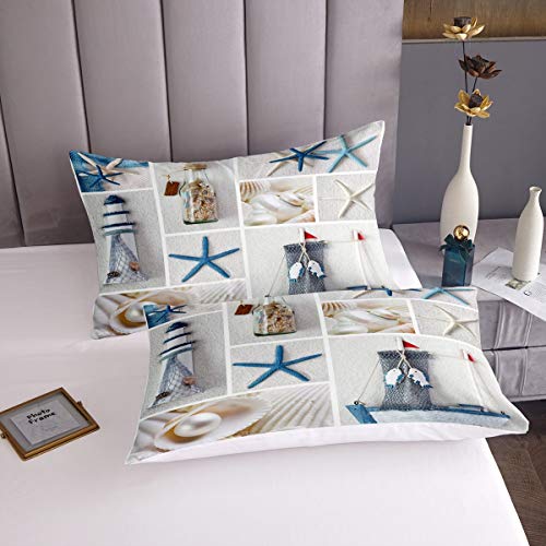 Nautical Bedding Set Beach Theme Comforter Cover King Size Marine Sail Boat Duvet Cover For Kids Boys Girls Teens Lighthouse Pearl Bedspread Cover For Living Room Decor - Image 3