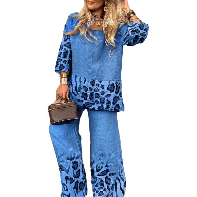 Women's Half Sleeved top and Pants Retro 2-Piece Set with Leopard Print lace and T-Shirt Wide Leg Pants Set