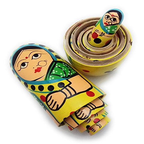 Image of CRAFT HAND Traditional Indian Nesting Wooden Doll /Hand Painted Matryoshka Stacking Dolls- Set of 5 Piece (Lady in Yellow Saree)