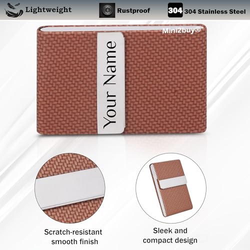 Image of Mini2buy Customized Unisex Vertical Card Holder Name Engraved for Credit|Debit|ATM|Business Visiting RFID Blocking Stainless Steel (1 x 10 x 6 cm) Personal Corporate Gift (S-Brown)