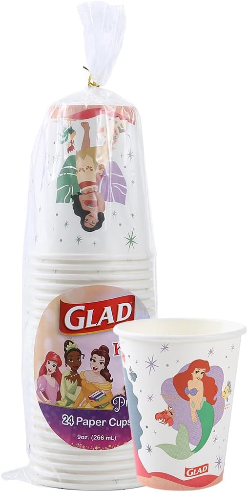 Glad for Kids Disney Princess Disposable Paper Cups for Bathroom Use and Parties, Heavy Duty Soak Proof Paper Cups for Kids, Colorful Princess Designs, 9 Ounce, 24 Count