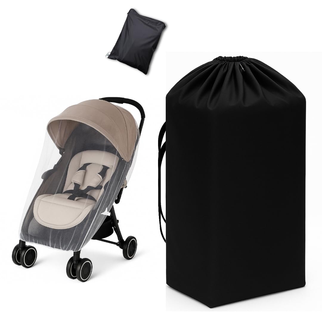 KHOOBREZ Compo - Baby Stroller Cover & Net | Waterproof Stroller Storage Bag + Mosquito Net | Dustproof, Scratch-Resistant, Outdoor & Travel Protection for Prams & Car Seats SSC_CMB (Black Cover & White Net)