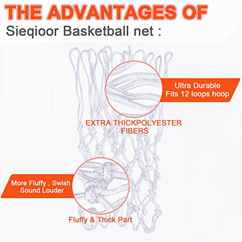 [2 Packs] Sieqioor Professional Basketball Net Replacement Heavy Duty, Durable Basketball Nets In All Weather Anti Whip, Fits Standard Indoor Outdoor Rims 12 Loops (White) With Basketball Net Bag #TOP3