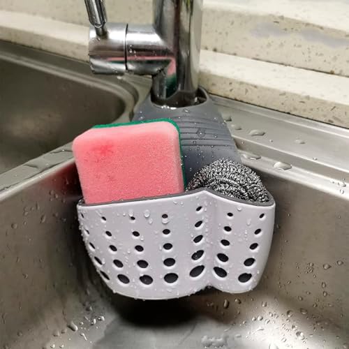 Image of Primeway Silicone Kitchen Sink Sider Faucet Caddy|Sponge Holder with Adjustable Strap|Bathroom Organizer|Bathtub Hanging Storage Cleaning Supplies|Brush,Dishwashing Accessories Rack|White & Grey