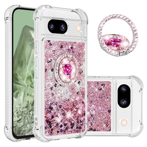 Coque Google Pixel 8A antichoc transparente avec anneau béquille or rose