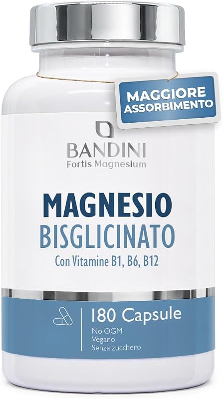 Bandini® Magnesio Bisglicinato 180 Capsule (2 mesi), 350 mg di Glicinato, Chelato per dose arricchito di Vitamina B1, B6, B12 Anti stress e fatica, Integratore per Sistema Nervoso, 100% Vegan