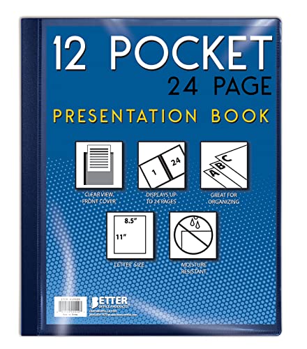 Better Office Products Livro de apresentação com 12 bolsos, azul com capa frontal transparente, 24 p