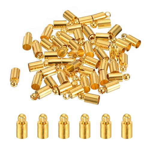 uxcell 100Pcs Leather Cord End Caps, 3.5mm OD Column Barrel Terminators for DIY Making Leather Bracelets Tassels, Gold Tone