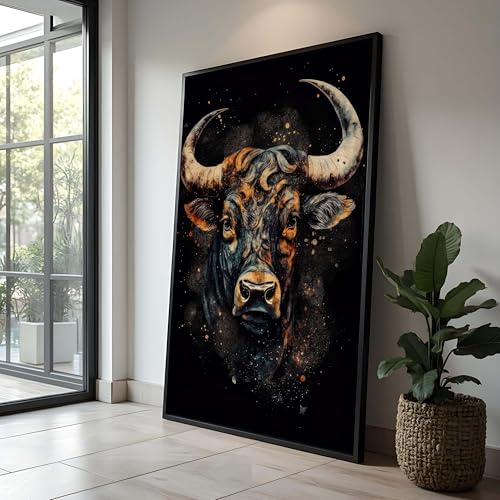 Peinture taureau abstrait noir et or | Toile décoration murale salon 70x110 cm