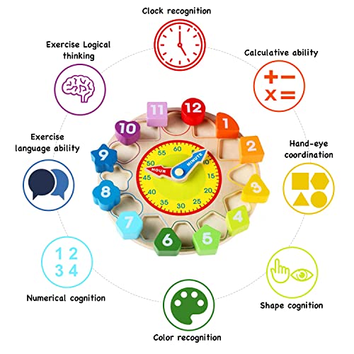 Sgvv90 Wooden Shape Color Sorting Clock- Teaching Time Clock Shape Patterns Sorting Puzzle Montessori Early Learning Educational Toy Gift For Toddler Baby Kids #TOP3
