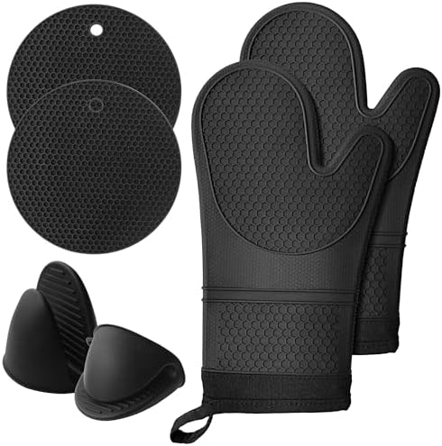 Extra Long Silicone Oven Mitts with Soft Cotton Lining Non-Slip Textured Grip, Heat and Slip Resistant Oven Mitts with Pot Holders for Baking, Cooking, Black