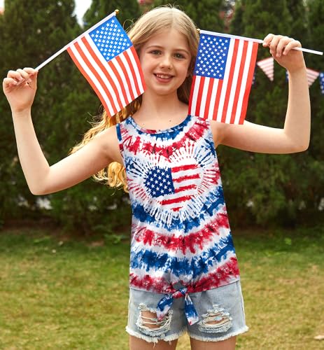 Image of July 4th Girls Patriotic Sleeveless Tie Knot Front Tank Top Stars Stripes Tee Shirt 4-14 Years