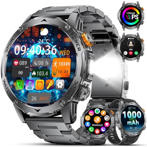 Smartwatch Herren Militär-1000mAh Akku/1.75\'\' HD Große Display,Smartwatch mit Taschenlampe/Bluetooth Anrufe/130+ Sportmodi,IP68 Wasserdicht Fitnessuhr mit Herzfrequenz/Schlafmonitor,für Android iOS