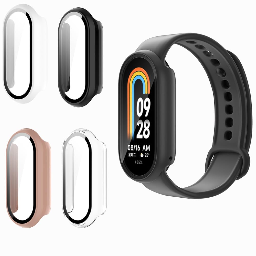 WELYOK Hard PC Watch Case with Screen Protector Compatible with Xiaomi Mi Band 8 Smart Bracelet Full Protective Bumper Cover (4 Packs)