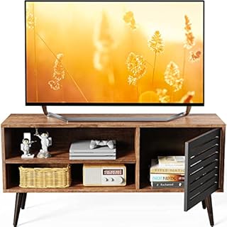 Retro TV Stand for TV up to 55 Inch, TV Console Table & Entertainment Center Mid Century Modern TV Stand with Adjustable Shelf for Living Room, Pop Up Door TV Cabinet Holds up to 110 lbs, FMRTS02B1
