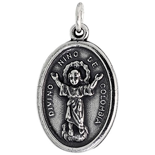 Sterling Silver Divine Christ of Colombia Medal Necklace Oxidized finish Oval 1.8mm Chain