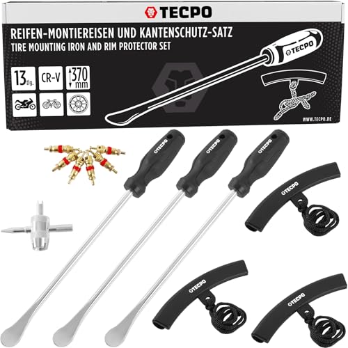 TECPO Reifen-Montiereisen Kantenschutz Set, 3x Montiereisen 370 mm, Kantenschutz, Reifenventil-Werkzeug, 6x Ventileinsätze, Felgenschutz & einfache Reifenmontage für Motorradreifen, robust & langlebig