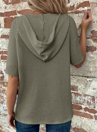 Image of Dokotoo Womens Summer Tops Waffle Knit Short Sleeve Lightweight Drawstring Hoodies Button V Neck Casual Blouses Shirts