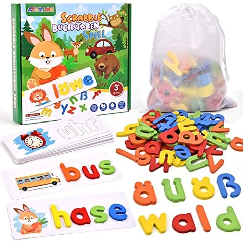 Vorschule Montessori Spielzeug Scrabble Deutsch Buchstaben Lernspiele mit Lernkarten & Holzbuchstaben Alphabet Sprachförderung Rechtschreibspiele Lesen Lernen Geschenk für Kinder Jungen Mädchen Cover