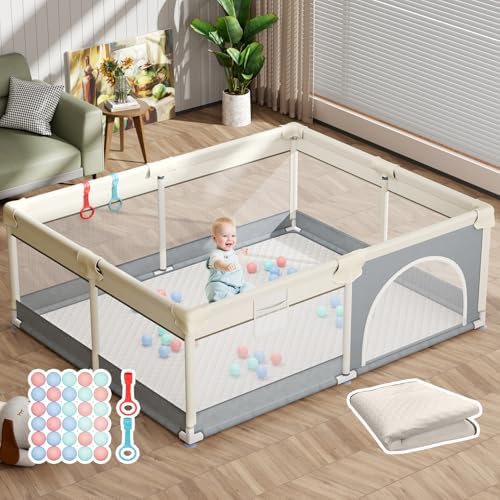 Mr IRONSTONE Baby Playpen with Mat, 71"x59" Play Pen for Babies a...