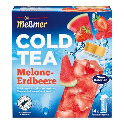 Meßmer Cold Tea Melone-Erdbeere | Belebe dein Wasser mit dem spritzigen Geschmack | ohne Zucker | ohne Kalorien | Alternative zu zuckerhaltigen Getränken wie Limonade oder Saft | 14 Pyramidenbeutel