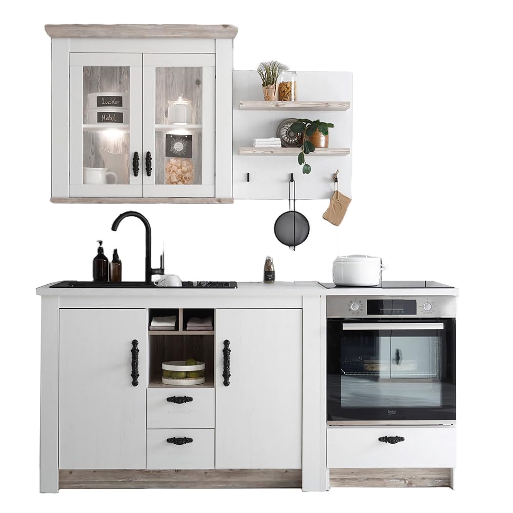 Lomadox Küchen Set 4-teilig in Pinie weiß Nb. mit Absetzungen in Pinie dunkel Nb., im Landhaus Stil Softclose-Funktion Spülenschrank Wandregal Hängeschrank