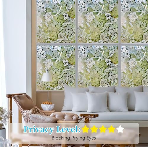 Image of WALLMATE Window Privacy Film Frosted Vinyl Glass Covering, UV Blocking, Non-Adhesive, No-Glue, for Bathroom Living Room Office,(24x100 Inch, Plam Leaf)