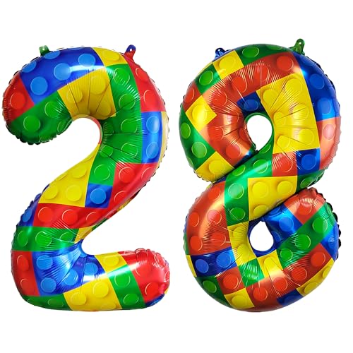 Image of 32 Inch Building Block Number 28 Balloons birthday Block Themed Large Big Helium Foil Mylar Balloon for Girls Boys Birthday Party Decoration Supplies
