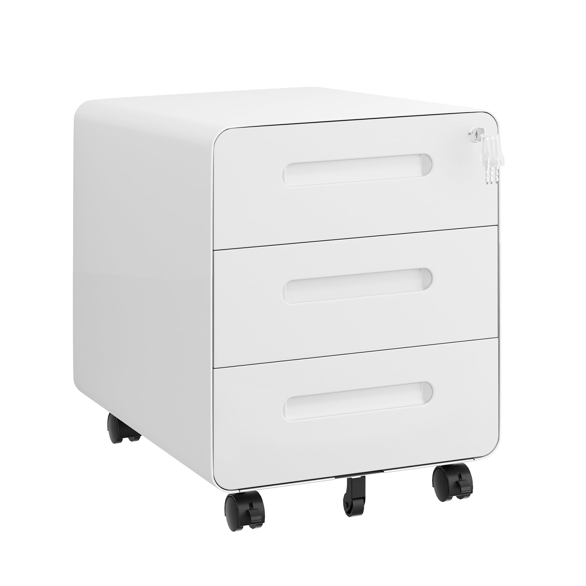 Cassettiera Scrivania Mobile, Cassettiera con Serratura, 4 Chiavi, 3 Cassetti, in Acciaio, Angoli Arrotondati, Preassemblato, 46P x 40l x 50H cm, Bianco