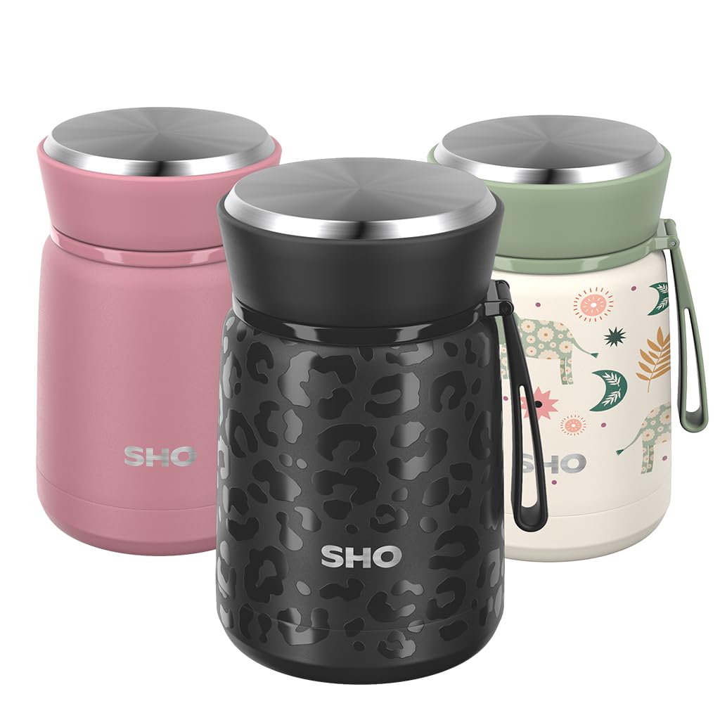 SHO Food Flask - Vacuum Insulated, Double Walled Stainless Steel Food Flask & Food Container - 10 Hours Hot & 20 Hours Cold - 530ml 800ml - BPA Free (Black Leopard, 530ml) โ image 1