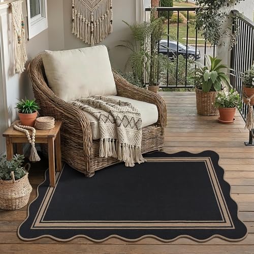 Image of Scalloped Easy Jute 3x5 Outdoor Rug Washable Non Slip Rug for Entryway Indoor Outdoor Farmhouse Neutral Scalloped Carpet for Backyard Patio Proch Living Room