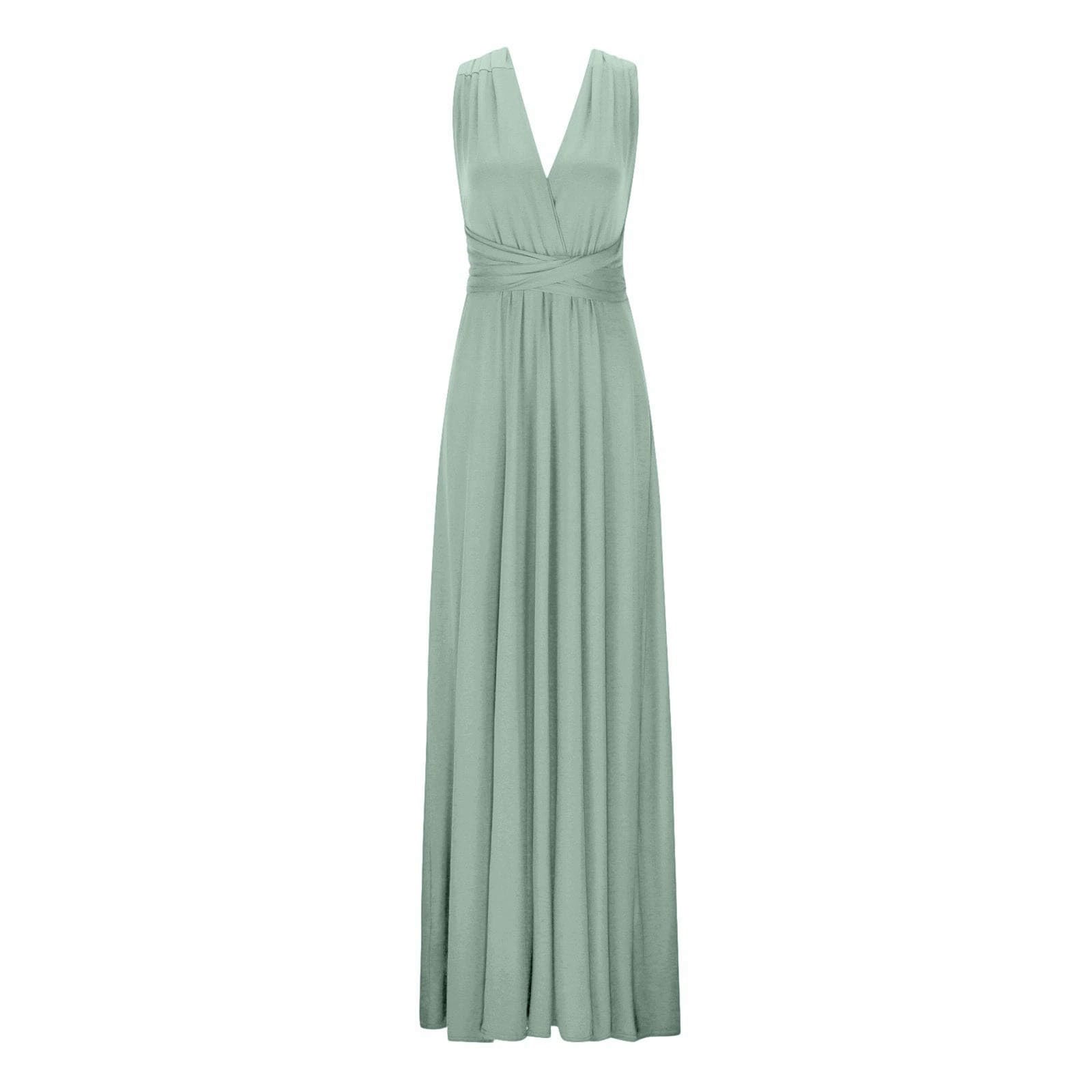 Generisch Robe maxi pour femme avec col en V en vert sauge - Robe de soirée sans manches avec taille empire - Élégante robe d'été longue au sol