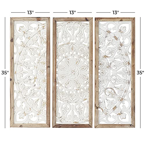 Deco-79-Wood-Floral-Intricately-Carved-Wall-Decor-with-Mandala-Design-Set-of-3-35-35-35H-White