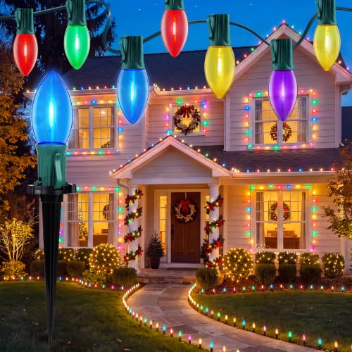 C9 LED Christmas Pathway Lights, 2 Sets Total 51.4 Ft Christmas Path Light with 40 Bulbs and Stakes, Connectable Waterproof String Lights for Walkway Driveway Lawn Outdoor Decorations, Multicolor