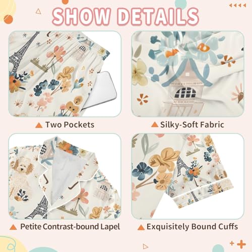 senya Eiffel Tower Cute Dogs Satin Summer Pajama Sets Silk Short Sleeve Button Down Sleepwear3