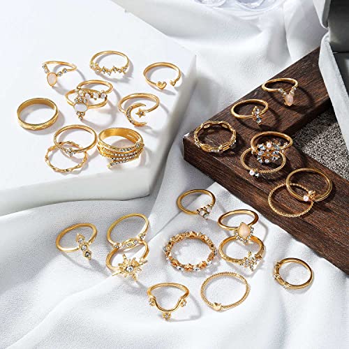 17IF Gold Boho Sparkle Knuckle Rings Set For Women, Vintage Fashion Aesthetic Trendy Joint Snake Ring Pack, Retro Pink Rhinestone Assorted Moon Star Crystal Love Leaf Diamond Pearl Jewelry3