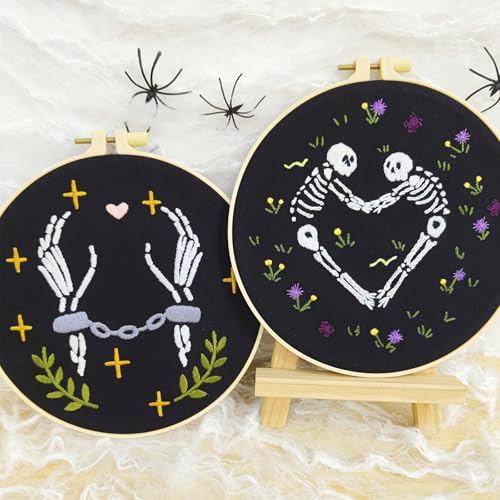 Image of Halloween Embroidery Kits for Beginners Adults, Skeleton Stamped Cross Stitch Kit for Adult Beginners, Gothic Hand Embroidery Starter Kits, 2 Set Embroidery Supplies, 2 Hoops (Attached Video Tutorial)