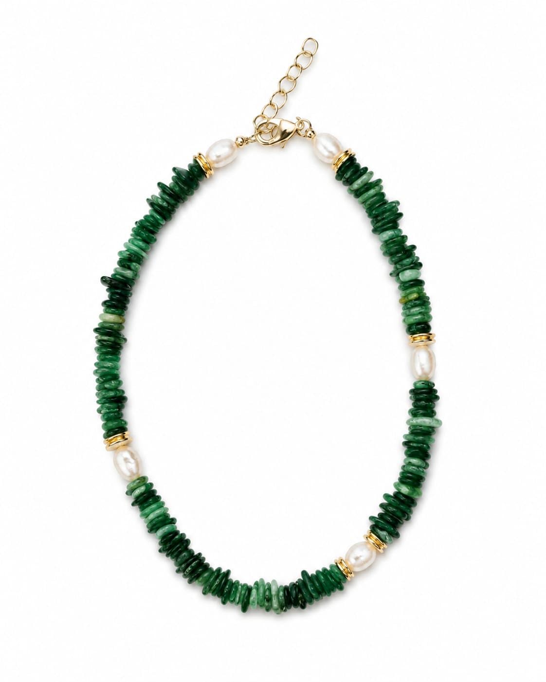 Green Natural Stone Chip Beaded Necklace with Pearl Accents-picture-52