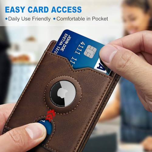 Image of miyozi AirTag Wallet for Men, Slim Leather Bifold with Holder Slot, 2 ID Windows & 13 Card Slots, RFID Blocking Front Pocket Wallet with Gift Box