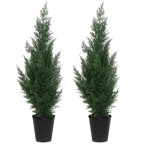 Faux Cedar Trees for Outdoor, 2.8 Feet UV Resistant Shrubs Artificial Topiary Cedar Bushes, Mini...